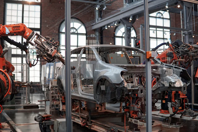 Car body on a factory assembly line